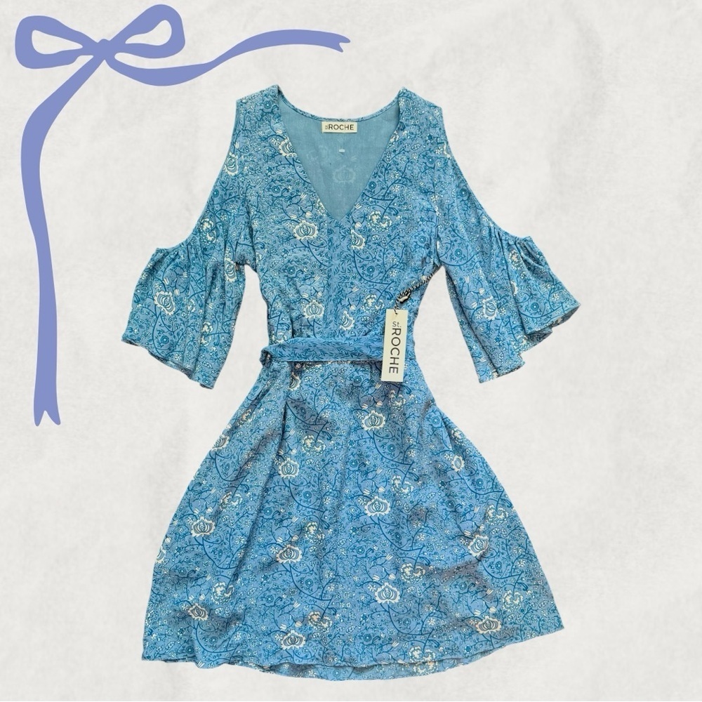 St Roche Silk Blue Floral Printed Cold Shoulder Flowy Summer Tea Dress with Belt